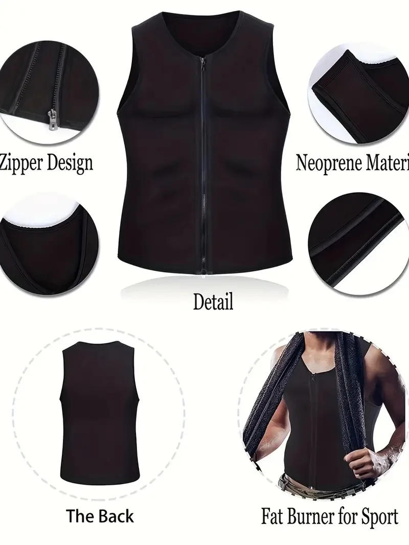 Description Picture 5 of item1 Piece Men's Compression Sweat Sauna Waist Trainer, Athletic Mid Stretch Zip Up Vest Body Shaper For Workout Fitness Gym