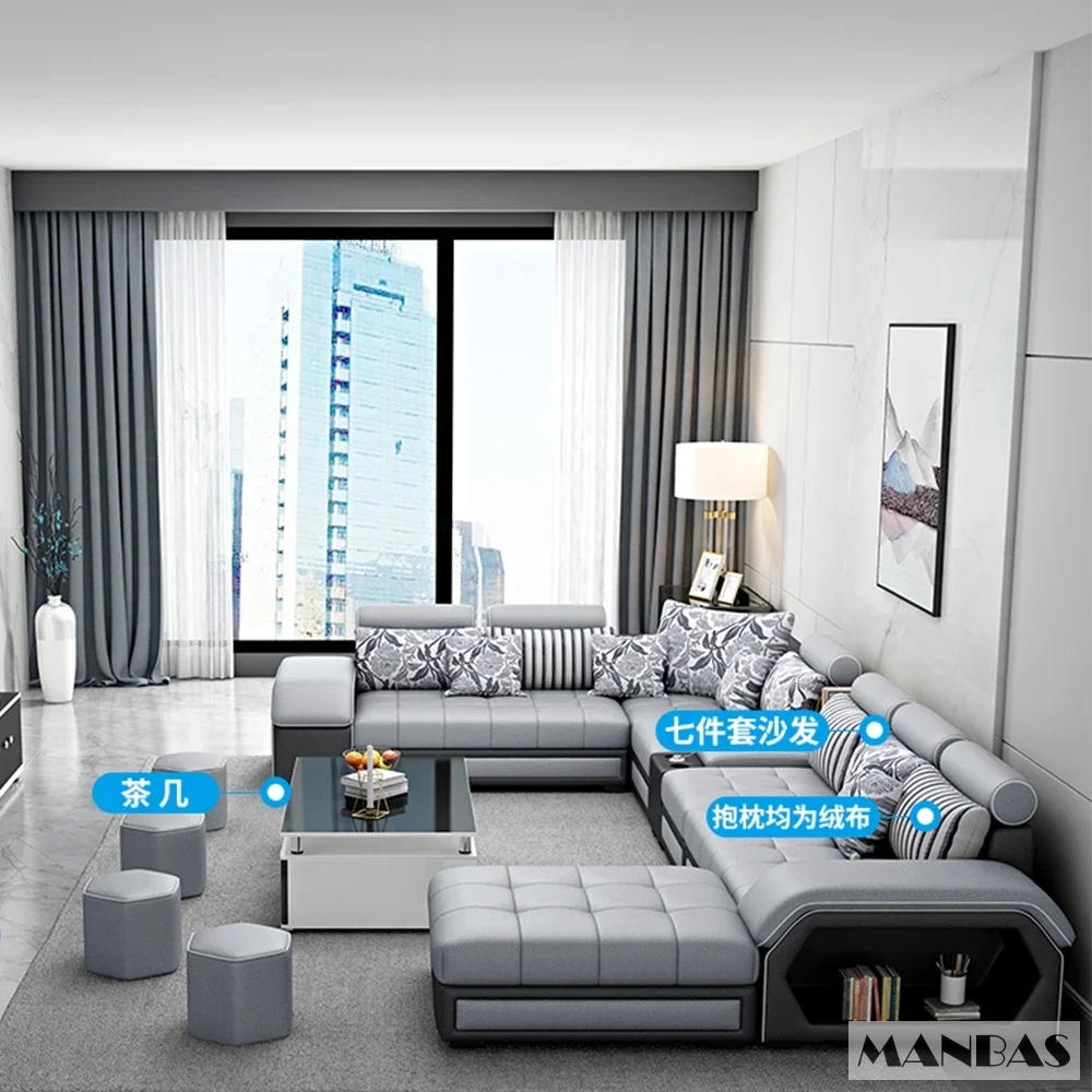 Description Picture 2 of itemLinlamim Fabric Sofa Set Furniture Living Room Sofa Set with USB and Stools / Big U Shape Cloth Couch Sofas for Home Furniture