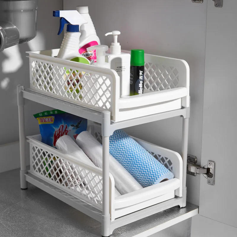 Description Picture 5 of item2-Tier Under Sink Organizer Kitchen Drawer Bathroom Storage Racks Multi-Use Slide-Out With Handles Under Sink Cabinet Organizers