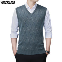 Men Wool Knit Tank Sleeveless Sweater Jumper Thick for Autumn Winter V Neck Argyle Retro Vintage Male Fashion Clothing 00309