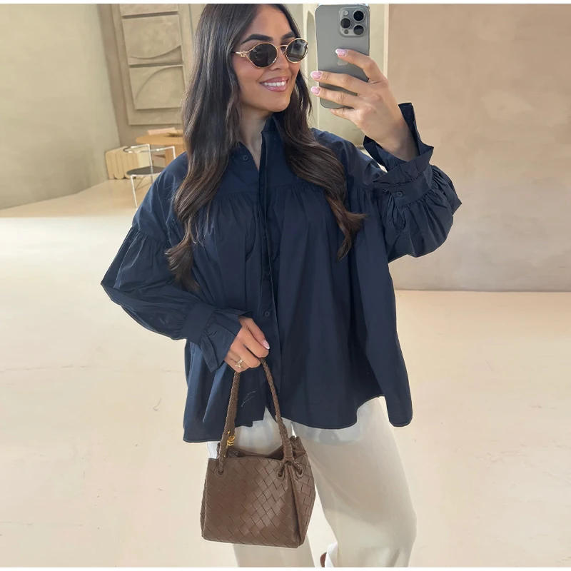 Description Picture 3 of itemSummer Oversize Lapel Pleated Shirts For Women Elegant Single Breasted Long Sleeve Blouse Holiday Street Beach Party Casual Tops