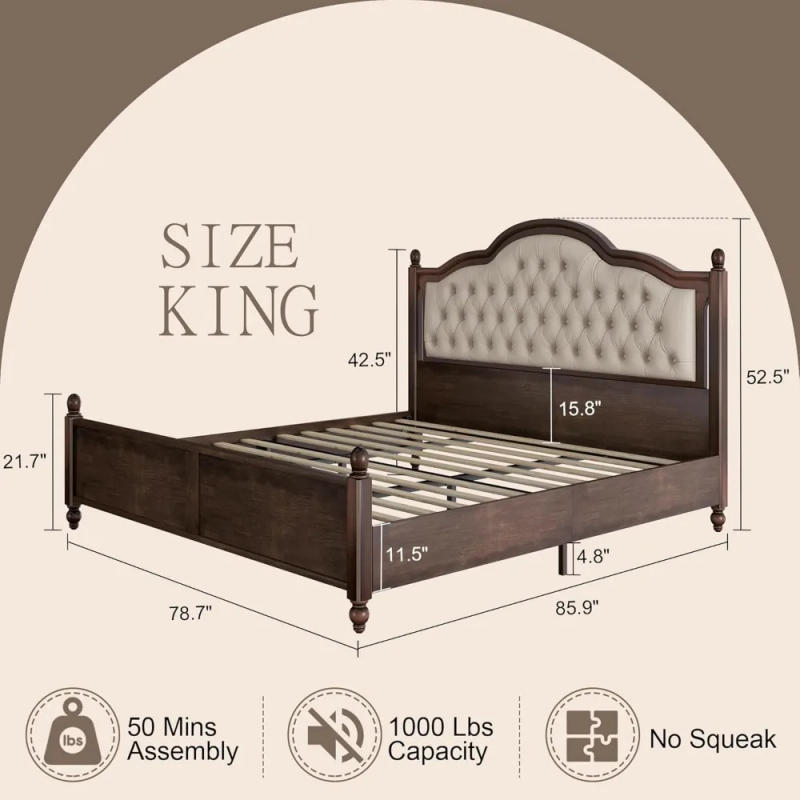 Description Picture 6 of itemQueen Size Solid Wood Bed Frame,  Platform Bed with 52.5" Upholstered Tufted Headboard,Rubberwood,Bed Frames