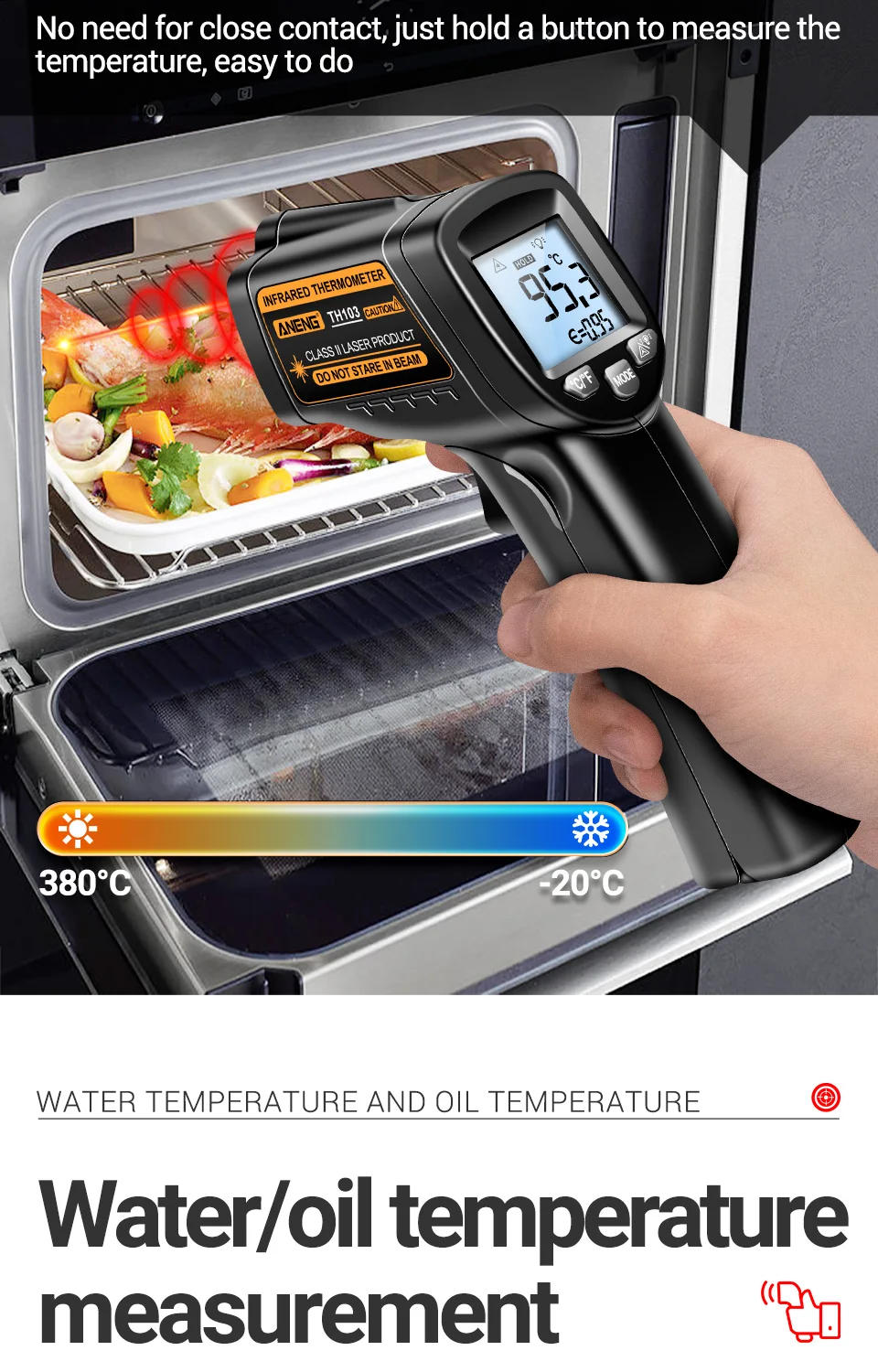 Description Picture 5 of itemANENG TH103 infrared thermometer laser Class II Laser  Temperature Sensor Testers Gun -20°C~380℃ Industrial Thermal Tube Testing