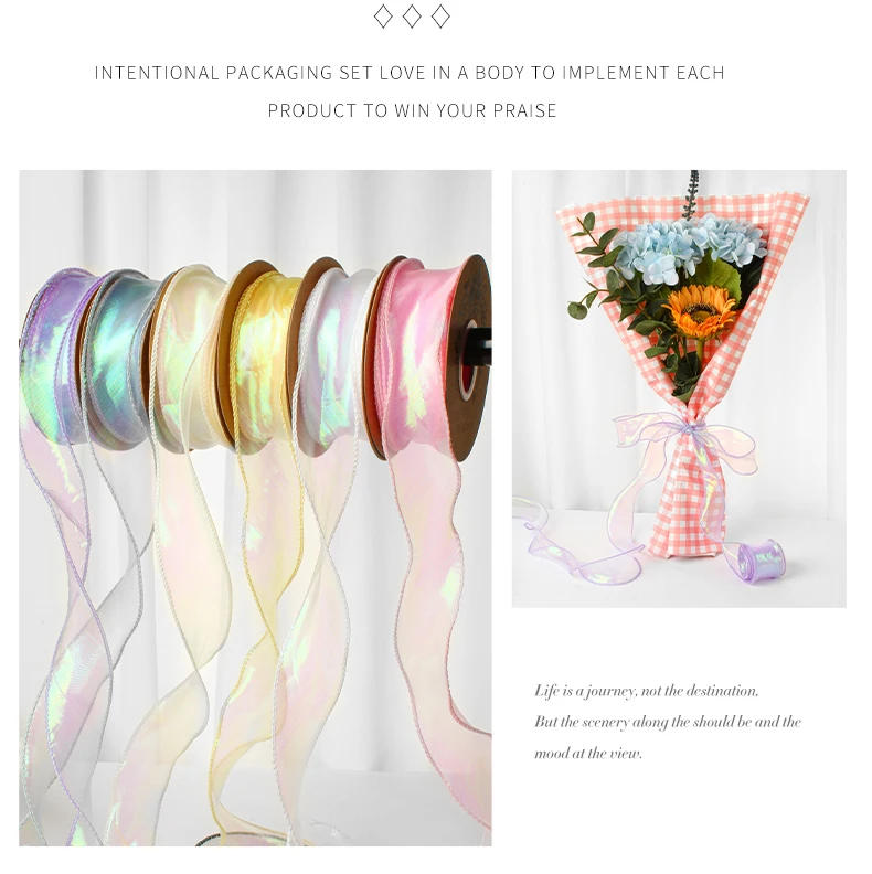 Description Picture 6 of itemIridescent Fishtail Yarn Gift Ribbons for Flowers Bouquet Packaging Organza Wired Ribbon for Valentine's Day Wedding Decorations