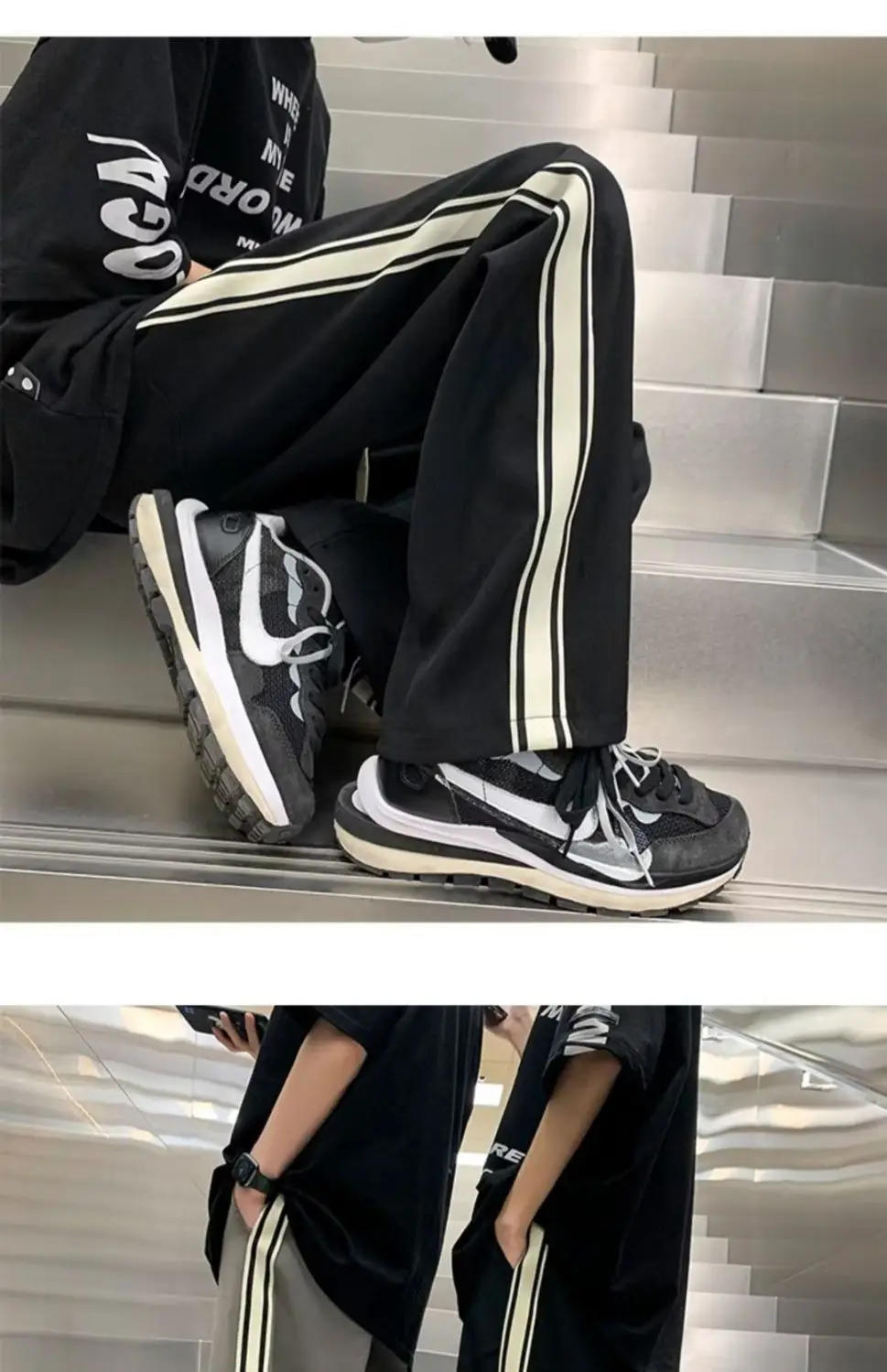 Description Picture 2 of itemAmerican street men and women trendy retro striped patchwork straight casual pants for spring and autumn loose wide leg pants