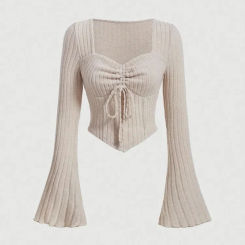 Elegant Flare Sleeve Sweetheart Neck Rib-knit Crop Top Spring Fall 2024 Casual Drawstring Long Sleeve T Shirt Blouse Y2K Clothes