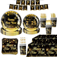 2025 Happy New Year Party Decoration Disposable Tableware Christmas Paper Plates Cup Banner New Year Party Home Decor