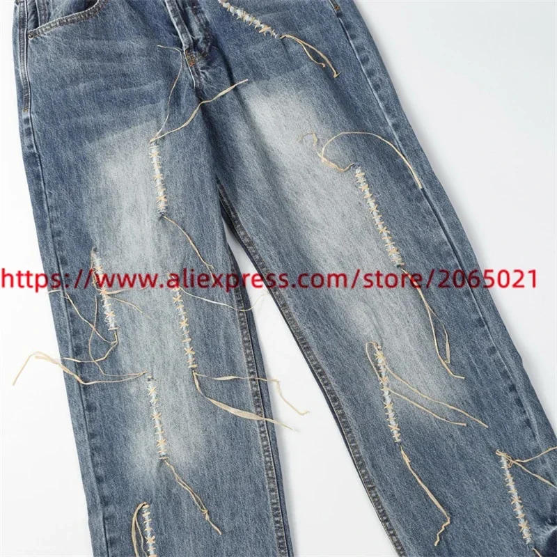 Description Picture 4 of itemHip Hop Handmade Damaged Woven Washed Ripple Loose Straight Leg Jeans High Street Men Women Tight Casual Trend Leg Pants