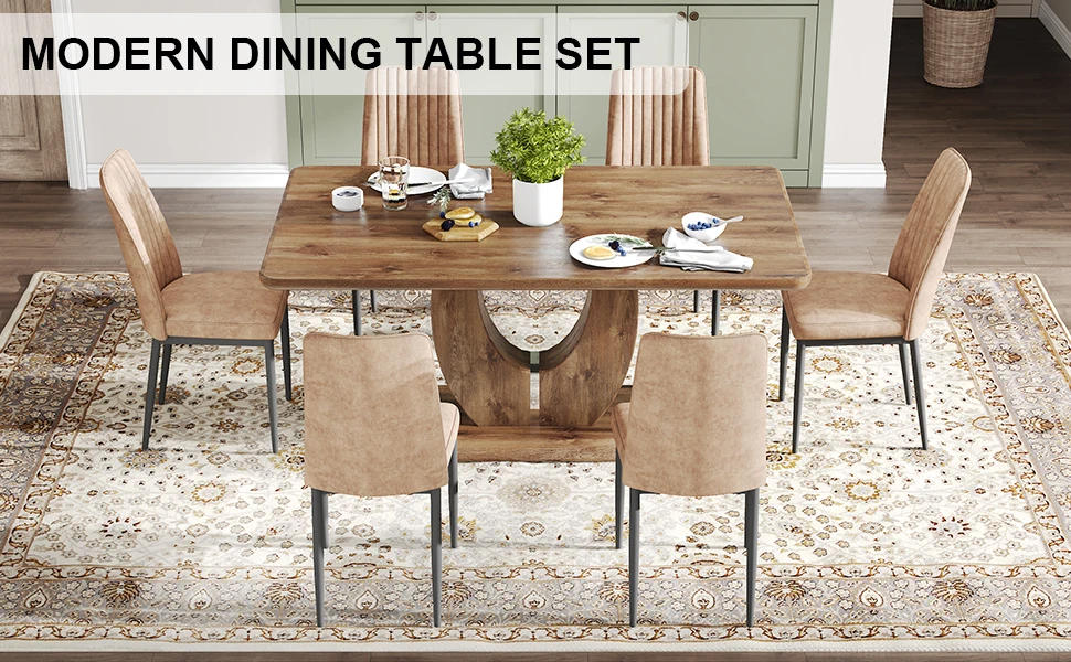 Description Picture 2 of itemTable Set for 6, Kitchen Table Chairs Set of 6, Modern Dining Room Set with 63 inch Wood Dinner Table Leather Upholstered