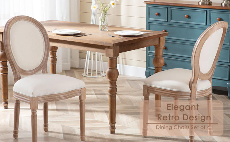 Description Picture 2 of itemNrizc French Country Dining Chairs Set of 4, Farmhouse Fabric Chairs with Round Back, Solid Wood Legs