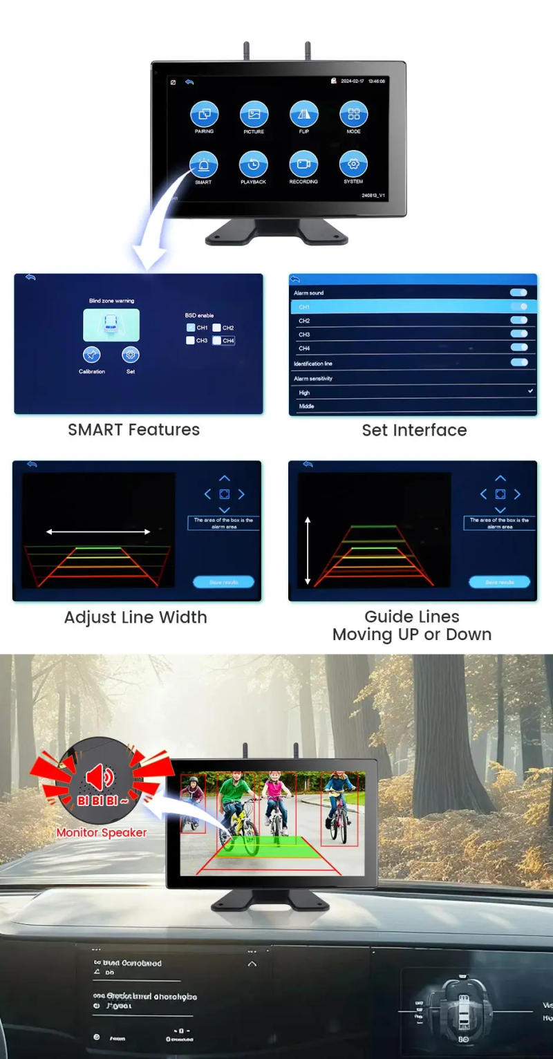 Description Picture 5 of itemWireless 10'' AHD Blind Spot DVR Record Monitor Touch Screen with 1080 IR Backup Camera For Truck/Trailer/Bus/RV/Pickups/SUV/Van