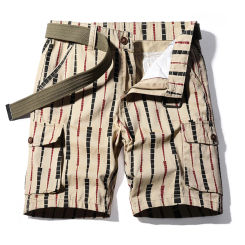 Mens Solid Summer Trousers Fashion Stitching Shorts Striped Printing Overall Pants Loose Thin Multi Bag Cropped Trouser For Man
