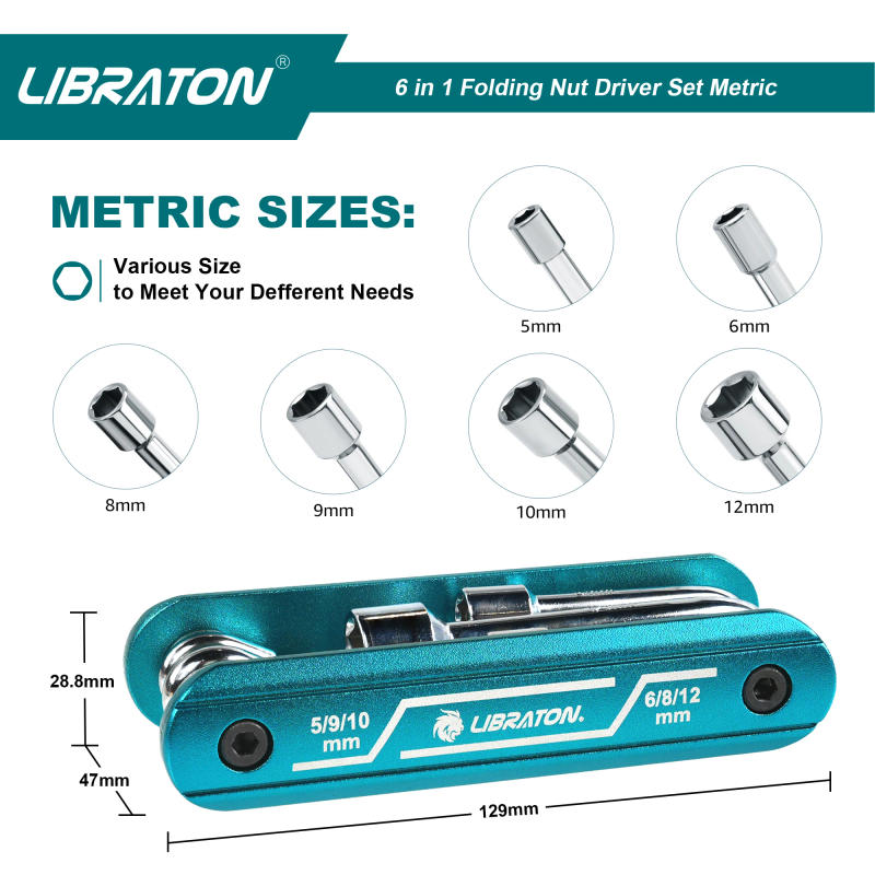 Description Picture 2 of itemLIBRATON 6 in 1 Folding Nut Driver Metric Portable Hex Nut Driver Set with Premium Aluminum Handle for Auto Repairing