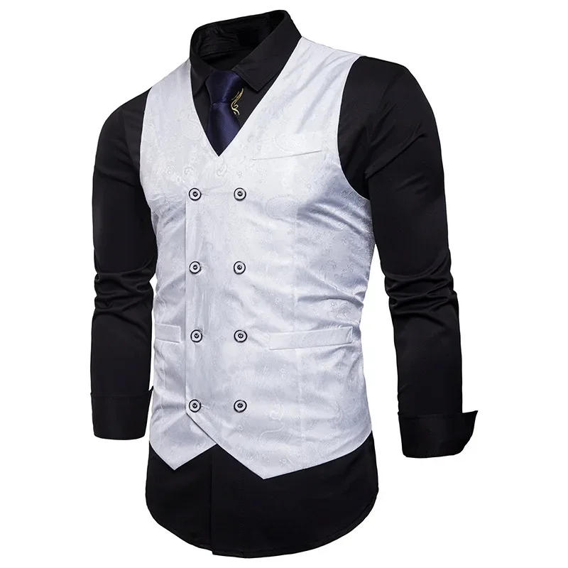 Description Picture 6 of itemMen's Double Breasted Vest with Sleeveless Gold-plated Slim Fit Printed Sleeveless Vest, Men's Suit, Party, Wedding Vest