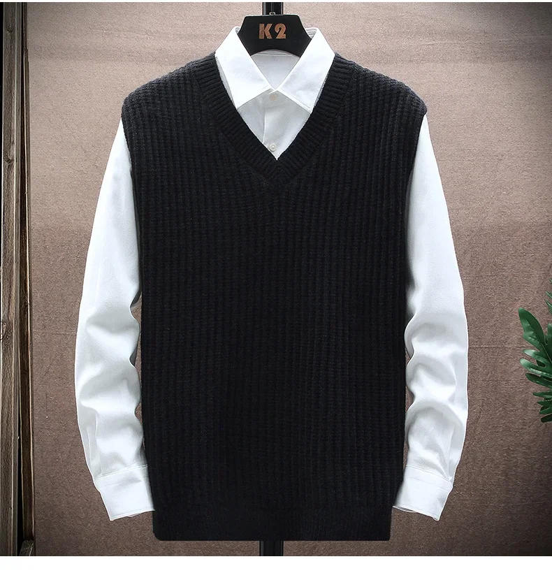 Description Picture 4 of item2023 Autumn Men's Sweater Casual Loose Fashion Versatile Pullover Fashion V-neck Tank Top Thick Woolen Men's Knit Vest