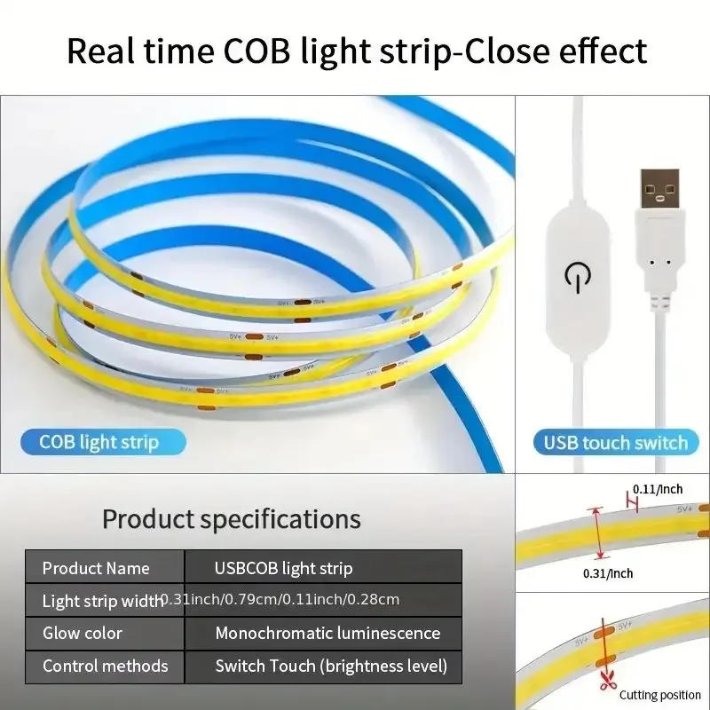 Description Picture 4 of item5V COB Light Strip USB Touch Sensor Dimmer Diode Tape Ribbon Linear Lighting For Room Bedroom Wardrobe Background Wall Decor