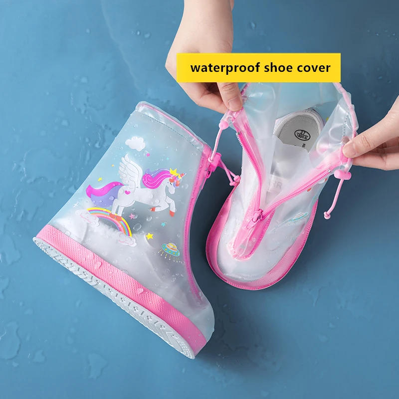 Description Picture 2 of item1 set Non-slip Waterproof Rain Shoe Covers Solid Rain Shoes Kids Cartoon Unicorn Galoshes Zip PVC Rain Shoes