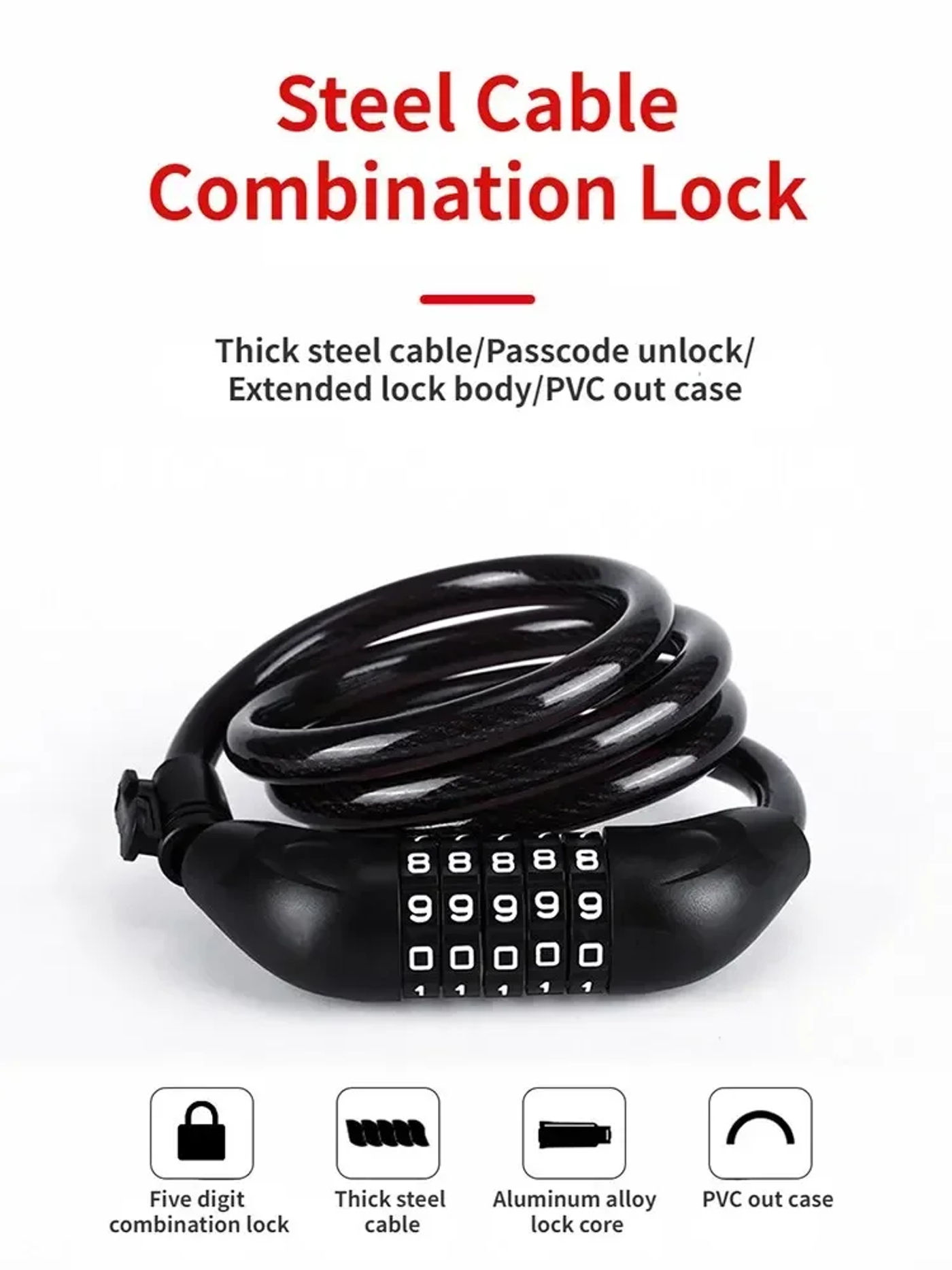 Description Picture 3 of itemBicycle 5 Digit Code Cable Lock 1200mm*12mm Anti-theft Bike Password Lock Bike Security Steel Cable Cycling Lock Bike Parts