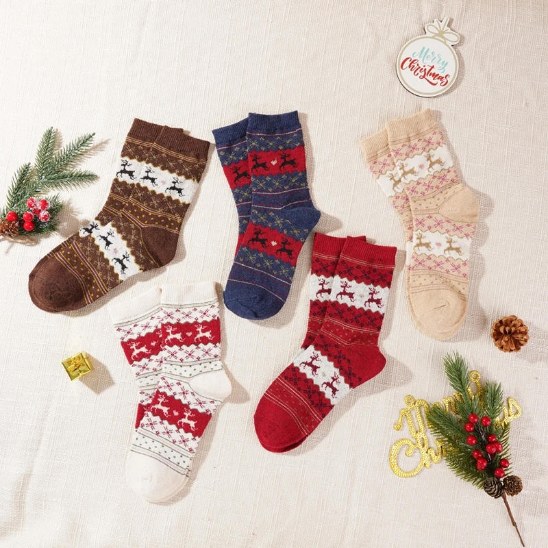 Description Picture 4 of item2Pairs Christmas Socks Women Winter Warm Angola Red Short Sock Comfort Soft Floor Slippers Non Grip Deer Sock Christmas Gift