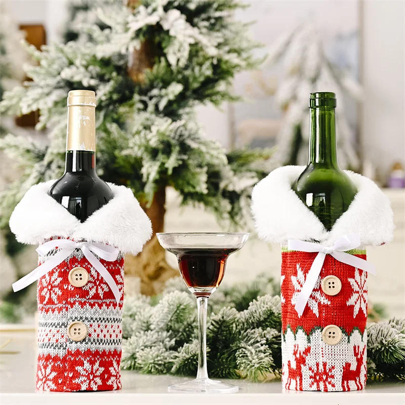 Description Picture 2 of itemChristmas Red sweater Wine Bottle Cover Christmas Decorations for Home Knitted snowflake Wine bottle bag Xmas Gifts Table Decor
