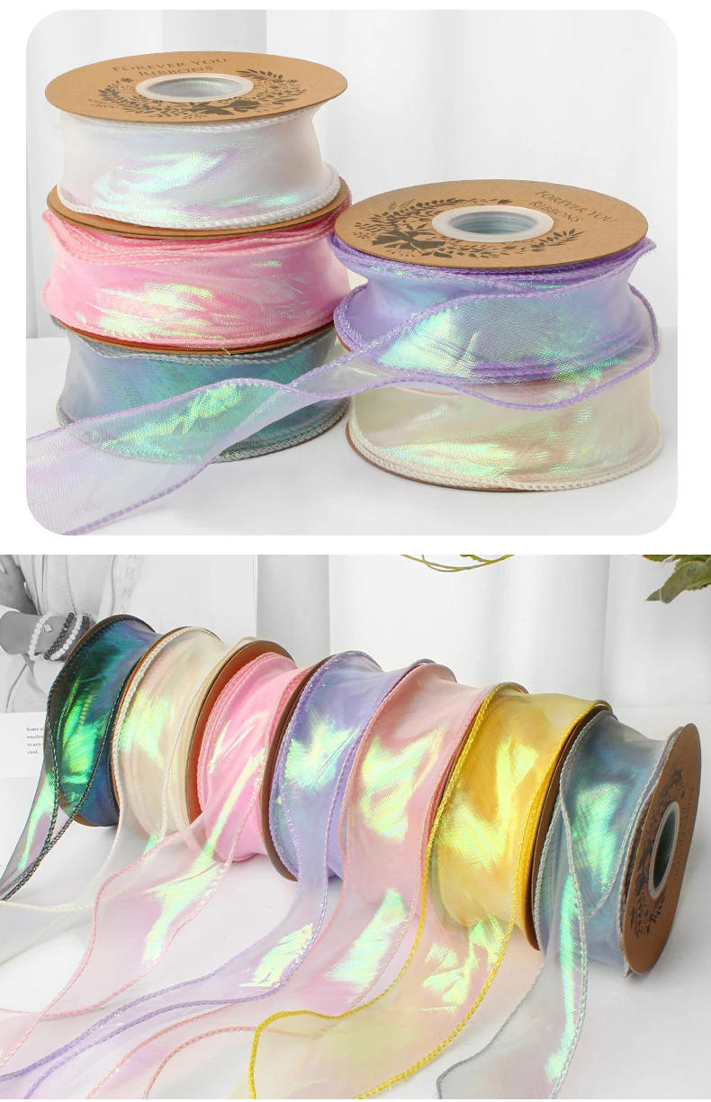 Description Picture 5 of itemIridescent Fishtail Yarn Gift Ribbons for Flowers Bouquet Packaging Organza Wired Ribbon for Valentine's Day Wedding Decorations