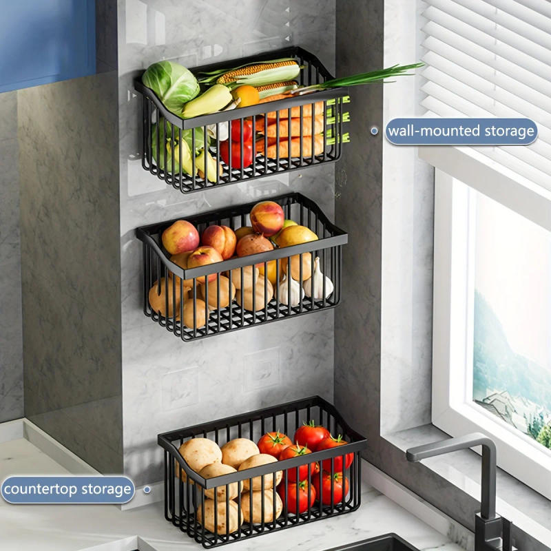 Description Picture 2 of item1pc Fruit And Vegetable Basket, Vegetable Fresh Keeping, Wall Mounted Storage Baskets, Kitchen Storage Metal Wire Fruit Basket