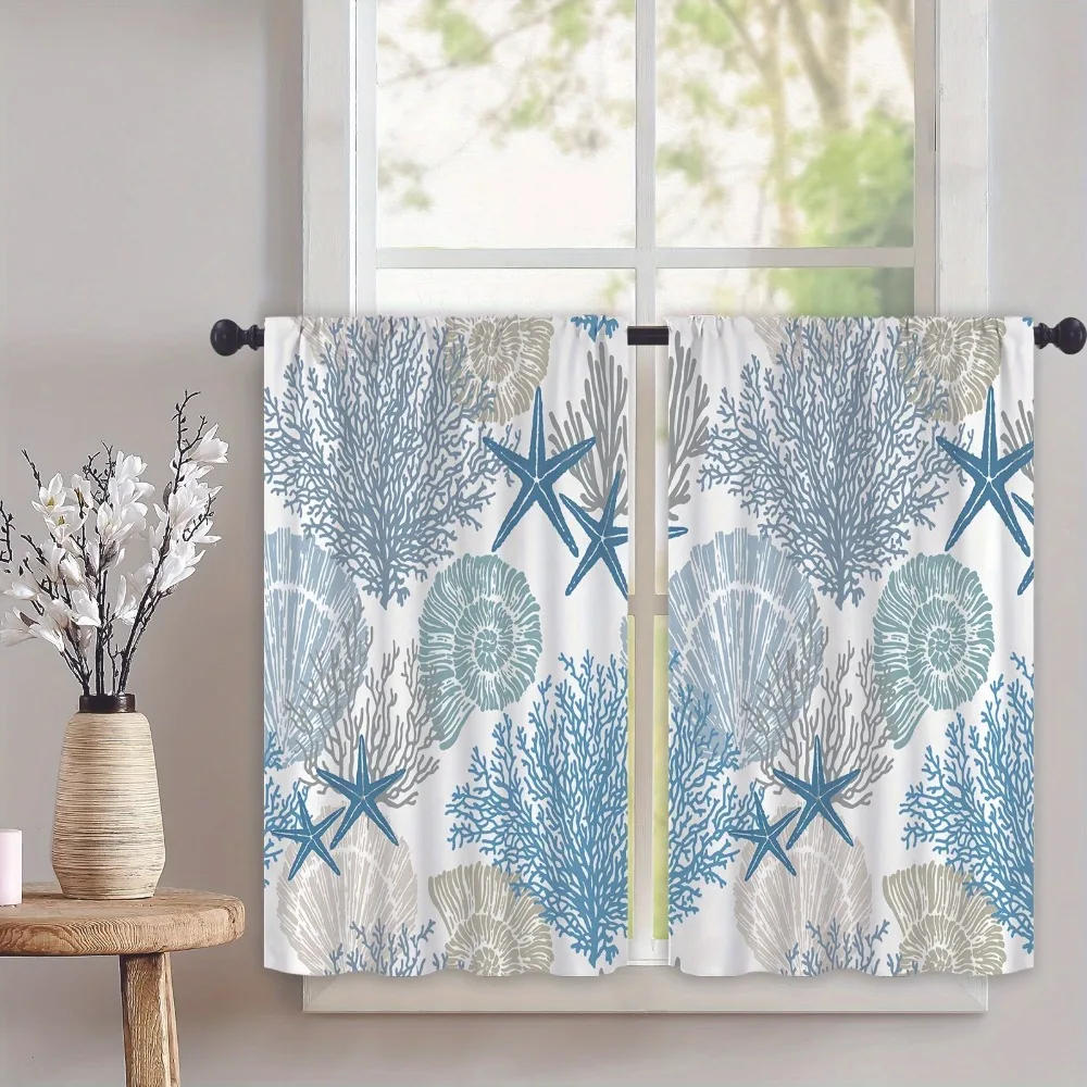 Description Picture 5 of item2Pcs Beach Coastal Starfish Kitchen Curtain Nautical Summer Window Treatment for Living Room Home Decor Cafe Cabinet Decoration