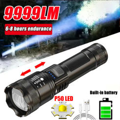 High Power Hand P50 LED Flashlight Built-in Battery USB Rechargeable Outdoor Camping Light Portable Torch Emergency Lighting