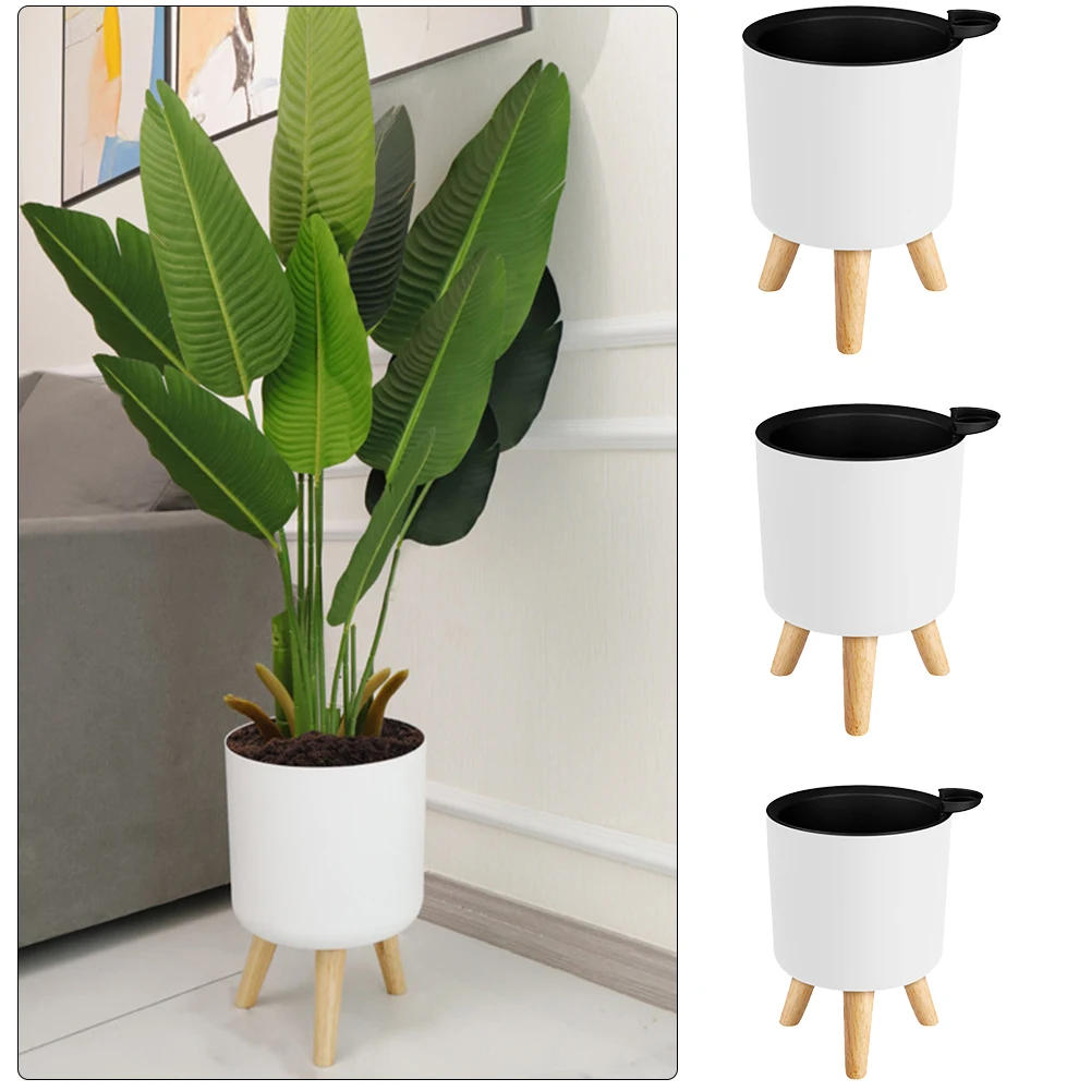 Description Picture 2 of itemFloor-standing Round Flower Pot Feet Herbs Self Watering Drainage System Bonsai For Plants With Wooden Legs Nursery Modern