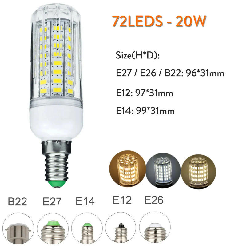 Description Picture 4 of item2​0W LED Corn Light Bulb B22 E12 E14 E26 E27 Dimmable LED Lamp AC/DC12V 5730SMD Super Bright LED Light 360 Degree Lighting