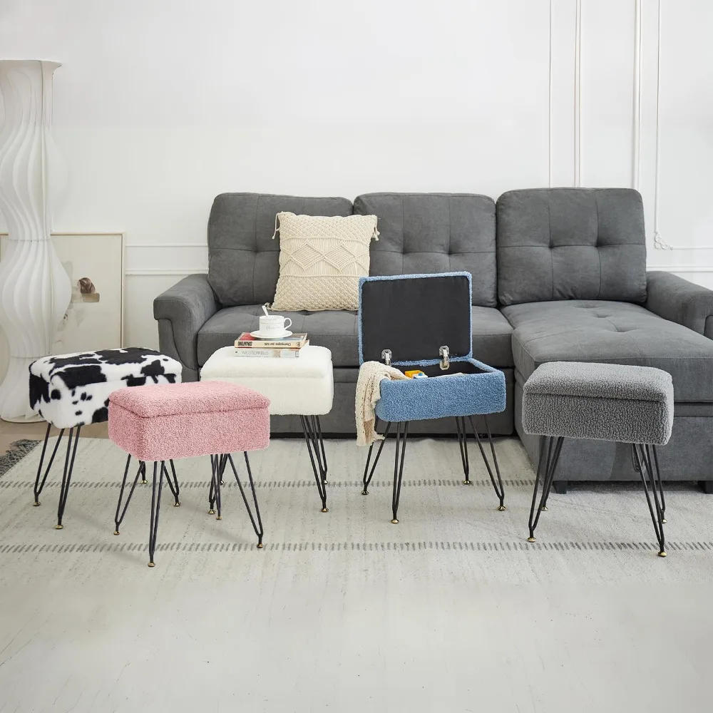 Description Picture 5 of itemFaux Teddy Fur Ottoman Foot Stool with Metal Legs & Adjustable Black Feet, Flip Top Storage Makeup Stool with Soft Padded Seat