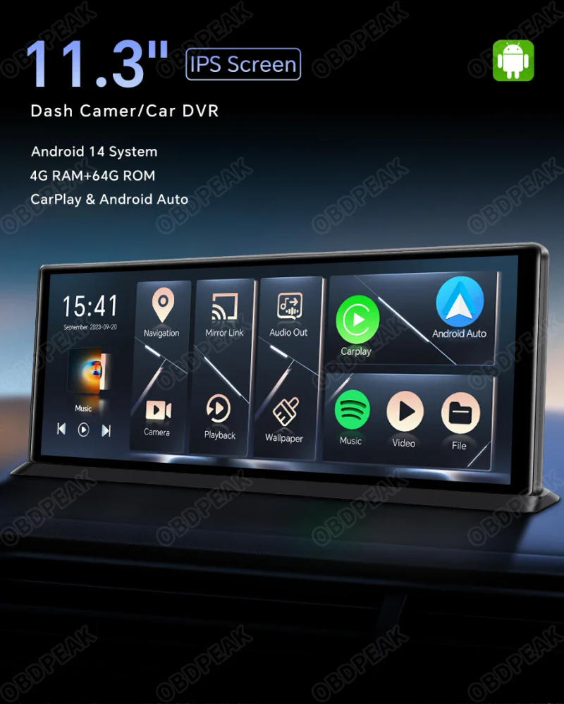 Description Picture 5 of itemK60 Pro 11.3" Dash Cam Android 14 Wireless CarPlay & Android Auto 4GB+64GB Dual Lens 1080P WIFI GPS Car DVR Reverse Recorder Dvr