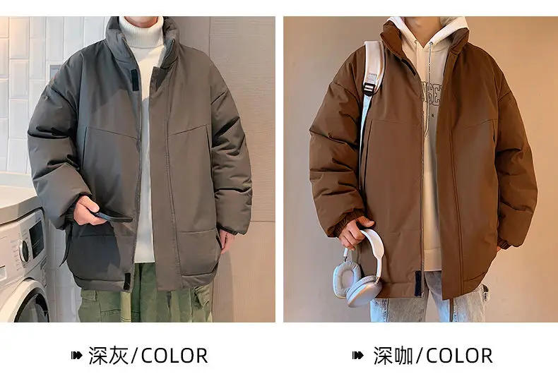 Description Picture 4 of itemWinter Stand Collar Solid Short Cotton-padded Jackets Men's Loose Casual High Street Parkas Men Tops Male Clothes