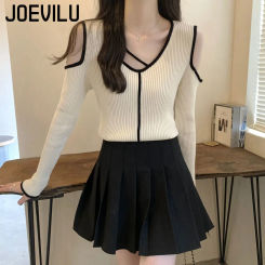 Off Shoulder V Neck Sweater Slim Fit Long Sleeved Pullover Spring and Autumn Bottom Knitted Shirt Femme Niche Tops Pull Jumper