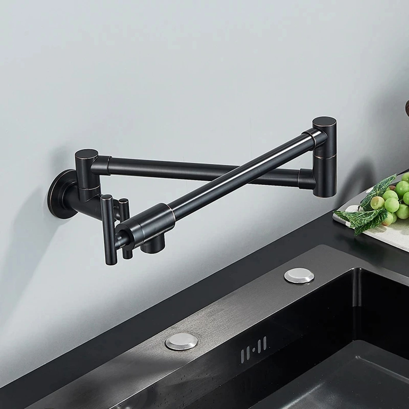 Description Picture 3 of itemBlack Brass Kitchen Faucet Two Spout Filler Tap Wall Mounted Kitchen Faucet Single Cold Single Hole Tap Rotate Folding Spout