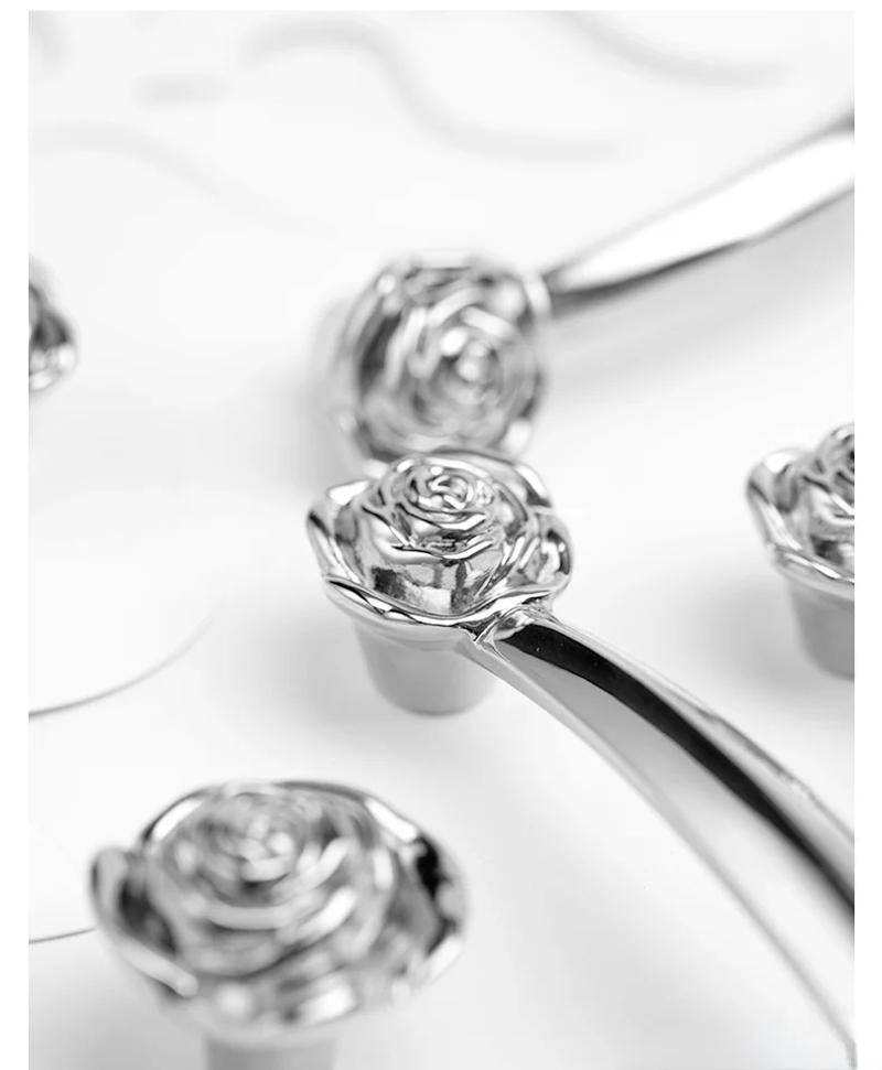 Description Picture 6 of itemRose Shape Solid Brass American Silver Rose Knob French Cabinet Handle Bright Chrome Wardrobe Door Handle Furniture Hardware