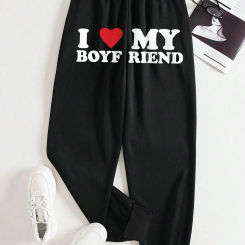 I Love My Boyfriend Letter Prints Women's Elastic Waist Pants Loose Drawstring Long Pant Fashion Casual Female Sports Sweatpants