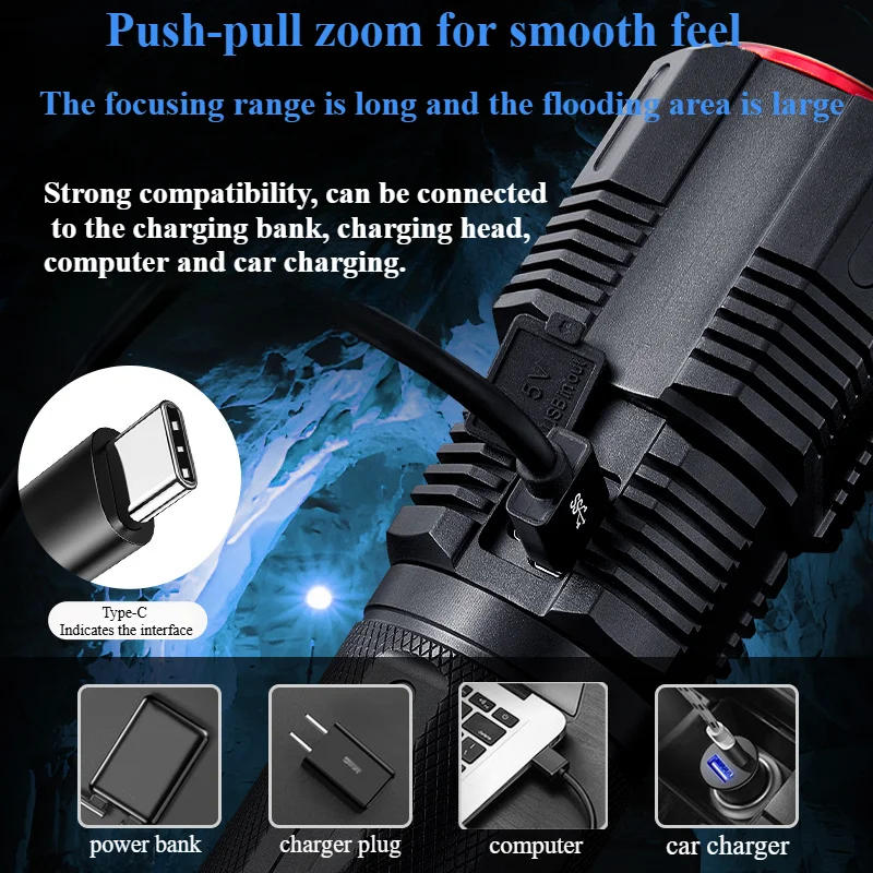 Description Picture 6 of itemNew ultra bright 8000 current clear laser bead 7200mAh battery outdoor camping tactical self-defense ultra long range flashlight