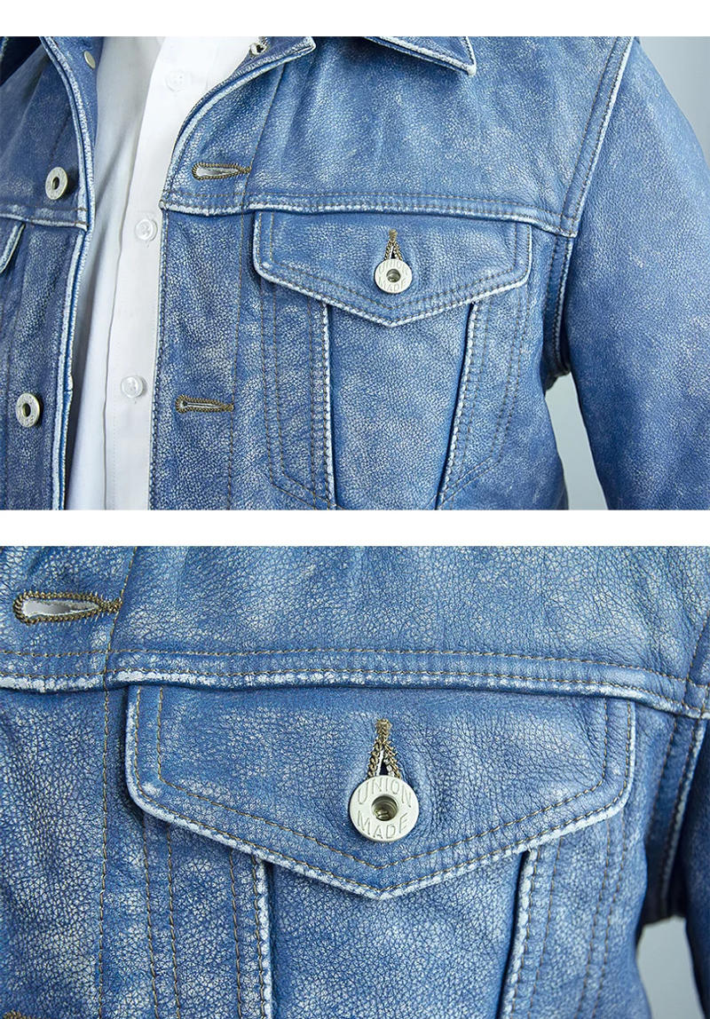 Description Picture 6 of item2024 Vintage Blue Genuine Leather Jacket Men Casual Style Single Breasted Plus Size 4XL Real Natural Cowhide Autumn Short Coat