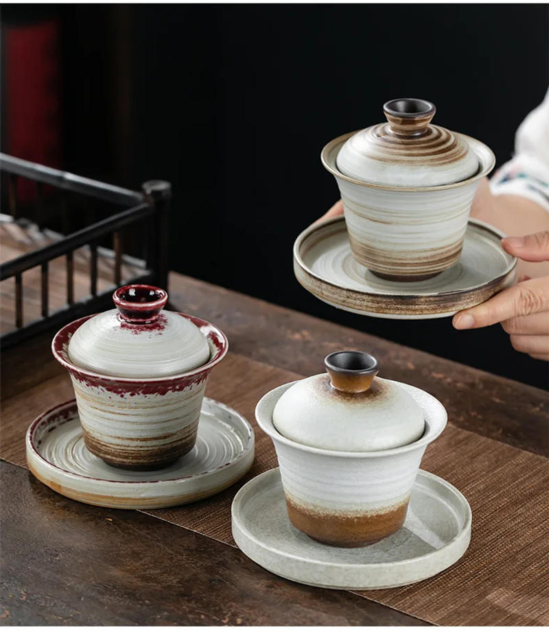 Description Picture 3 of itemCoarse Pottery Three Piece Covered Bowl, Tea Cup, Japanese Ceramic Kung Fu Tea Set, Single Tea Bowl, Anti Scalding Hand