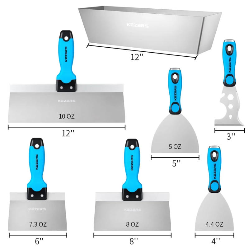 Description Picture 5 of itemKEZERS Drywall Hand Tool Kit, 5/7 Pieces 3" 4" 5" 6" 8" 10" 12" Stainless Steel Drywall Knife with Metal Hammer End