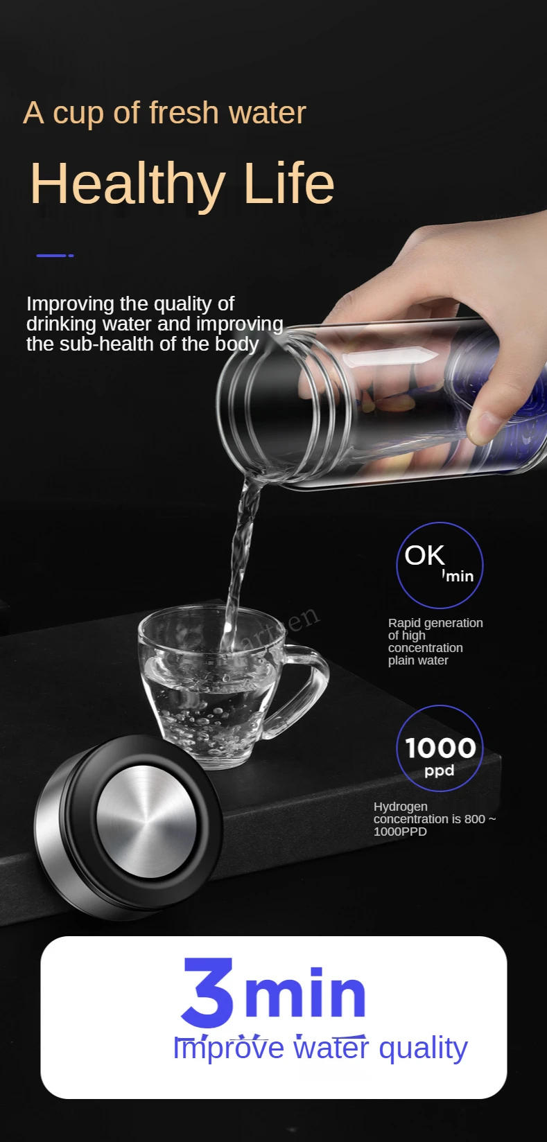 Description Picture 4 of itemHydrogen Rich Water Generator Japanese Alkaline Energy Glass bottle Anion Water Ionizer Anti Aging USB H2 Healthy smart cup