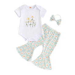 Baby Girl Casual Set Short Sleeve Romper with Daisy Pattern Flare Pants and Headband 3 Pcs Outfit