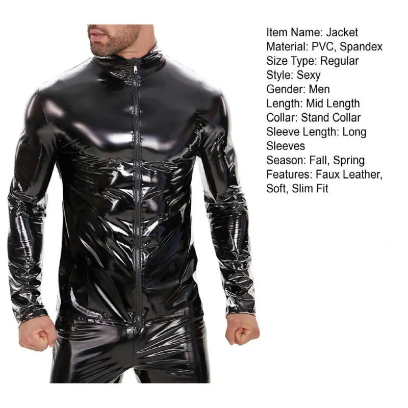 Description Picture 3 of itemMen Stand Collar Coat Stylish Men's Faux Leather Jacket with Stand Collar Zipper Closure for Nightclub Party Performance Smooth
