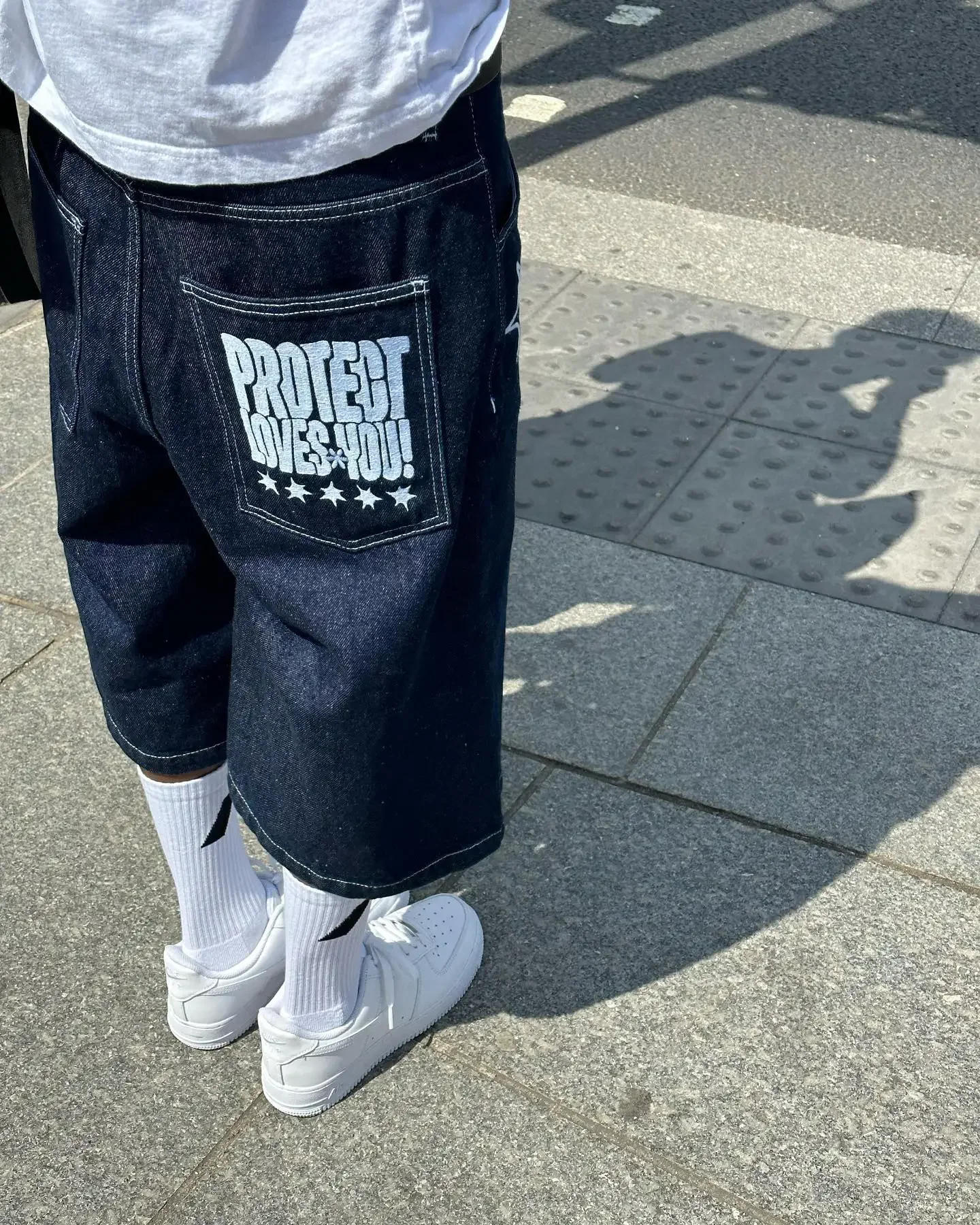 Description Picture 4 of itemPROTECT Shorts Y2K Men Women Harajuku Gothic Hip Hop Letters Embroidery Baggy Jeans Denim Gym Shorts High Waist Basketball Short