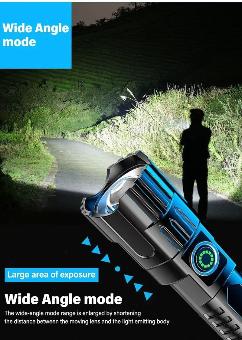 Description Picture 6 of itemP200 Super Powerful LED Flashlight Zoom Tactical Torch Built-in Battery USB Rechargeable Waterproof Lamp Ultra Bright Lantern