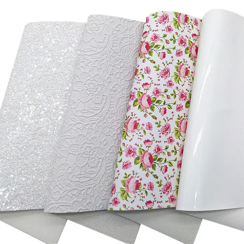 Description Picture 3 of itemWhite Chunky Glitter Leather Flowers Printed Synthetic Leather Lace Embossed Faux Vinyl Leather Sheets For Bows DIY 21x29CM Q879