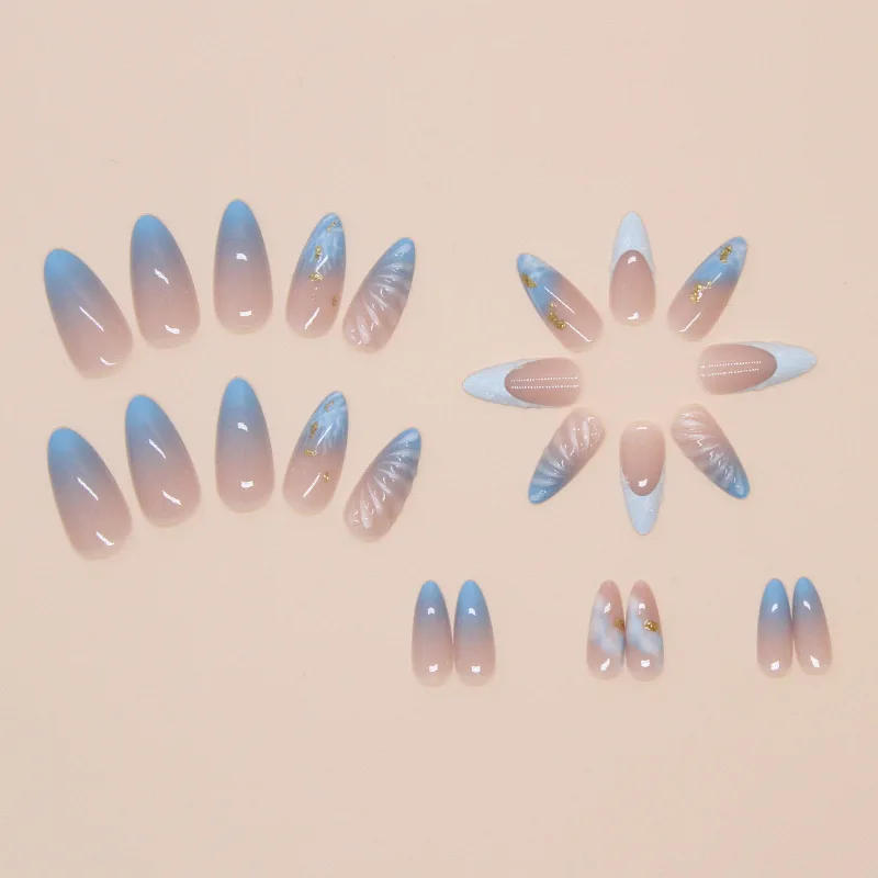Description Picture 3 of item24pcs Long Almond Fake Nails with Blue Ocean Shells Designs Wearable Acrylic Fake Nails with Glue Full Cover French Nails Tips