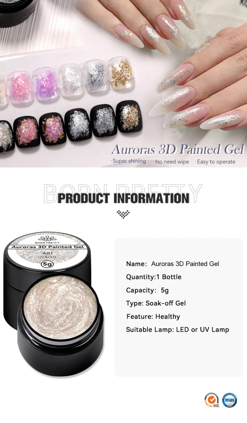 Description Picture 2 of itemBORN PRETTY 5ml Auroras 3D Painting Gel Nail Polish Spaking Glitter Super Shining Soak Off UV LED Nail Art Varnish Manicure