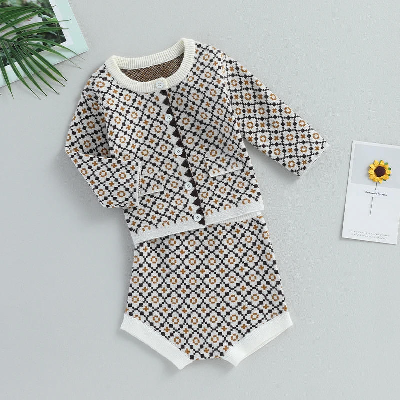 Description Picture 4 of itemBaby Girls 2PCS Shorts Sets Long Sleeve Button Down Tops Geometric Patterns Print Shorts Sets